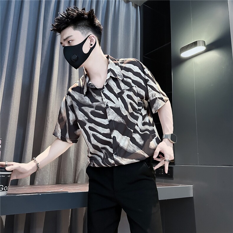 301C-CS18-P58控78痞帅潮牌薄款短袖衬衫男斑马纹社会小伙店主风,男装衬衫,星座301C（原B323）
