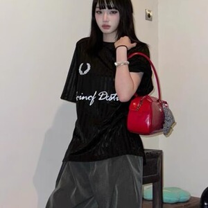 美式夏季运动潮流百搭休闲宽松女复古暗纹拼接设计感圆领短袖T恤