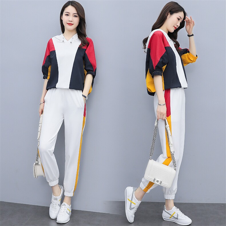 2021夏季新款简约时尚优雅气质撞色拼接连帽休闲两件套,女装套装/套裙,曼娅璐