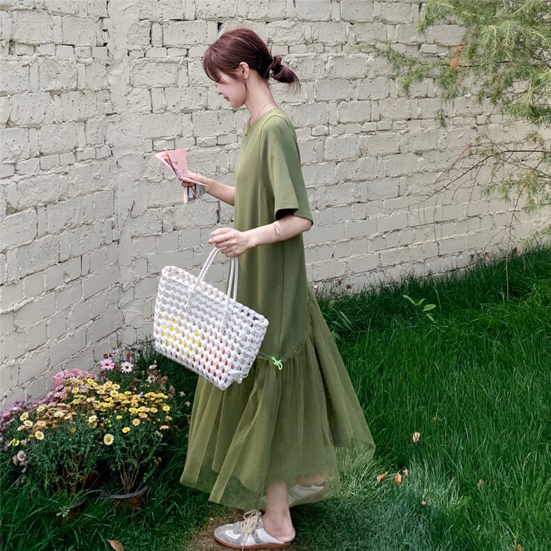 挂脖式纯色短袖圆领拼接连衣裙无袖T恤裙X型裙夏季气质长裙大码,女装连衣裙,2C167