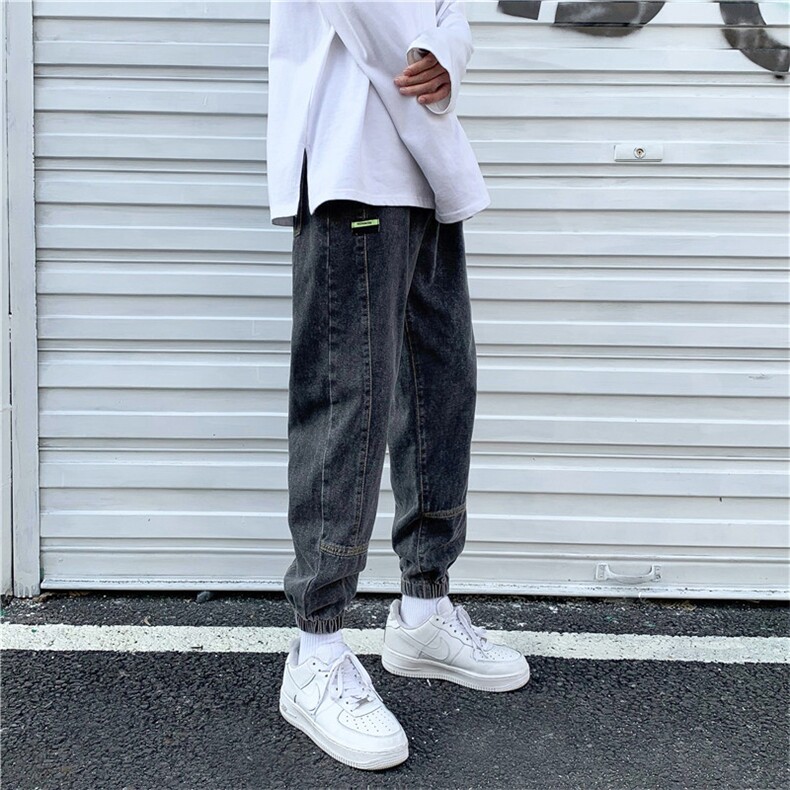 韩版贴布潮流松紧腰宽松哈伦束脚牛仔裤INS男休闲运动裤Q68,男装牛仔裤,星座302B