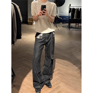 美式复古美式阔腿牛仔裤男女新款宽松百搭拖地长裤子LA5322-P54