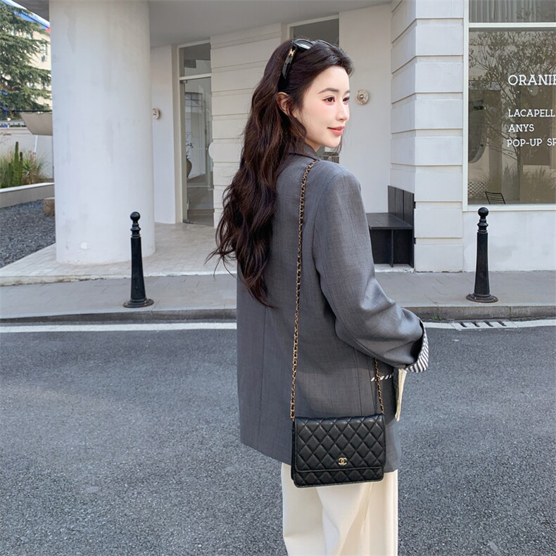 28081-7708-P145-K218春装新款灰色休闲百搭设计感西装外套,女装西装,韩蜜菓
