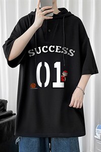 LD54205-P45 连帽短袖t恤男大码胖子带帽五分袖中袖图片