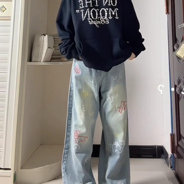 工装卡通印花牛仔裤男女款秋冬美式高街设计感裤子直筒弯刀微喇裤,男装牛仔裤,四季星座505