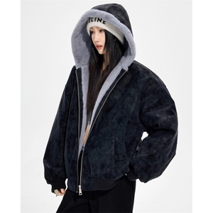 座山雕短款连帽毛领棉服秋冬毛绒绒派克服棉衣外套 MW651图片