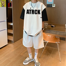 直播美式麂皮绒宽松背心无袖t恤短裤大码两件套套装TZ47-P58，男装T恤，电商A486