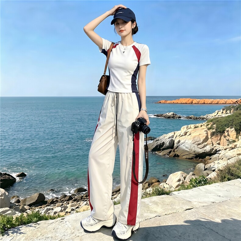 潮流时尚休闲运动套装女夏季新款显瘦竖纹圆领短袖上衣长裤两件套,女装套装/套裙,江南