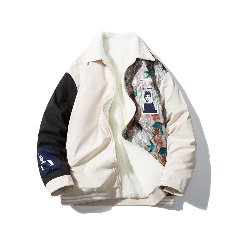 1白底刺绣拼接设计翻领羊羔毛大码M-5XL棉衣外套男8723P110控148，男装棉衣，星座226-2