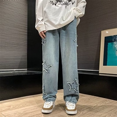 五角星牛仔裤男美式高街潮牌裤子直筒宽松拖地阔腿裤子N8883-P45，男装牛仔裤，星座1008