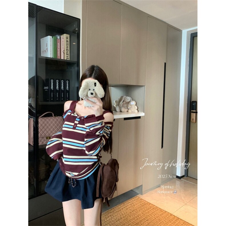 kumikumi设计感撞色条纹露肩长袖T恤女秋季显瘦,男装T恤,星座506A