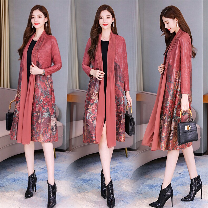 风衣女中长款2021春秋季新款印花麂皮绒大衣chic外套过膝,女装风衣,香香