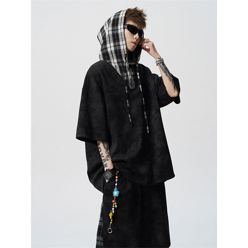 TZ788-特P58控98夏连帽格子撞色扎染冰感冰丝大码短袖短裤套装，男装休闲套装，电商A059