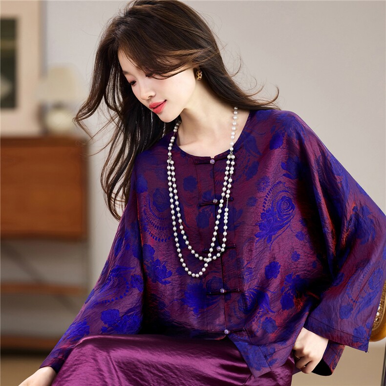 现货！春季新款新中式氛围感紫气东来气质款圆领宽松两件套装女，女装套装/套裙，宝儿家