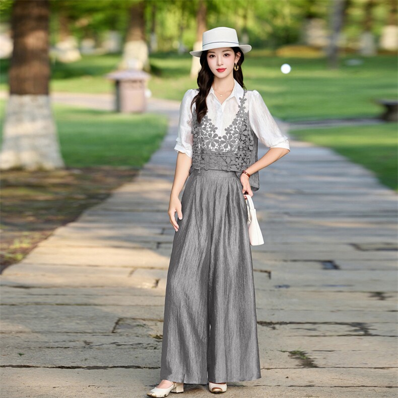 时尚洋气蕾丝拼接套装女2026夏季新款宽松遮肉显瘦阔腿裤两件套,女装套装/套裙,魅影