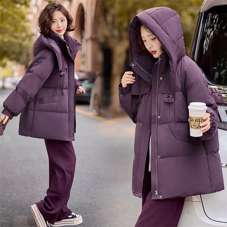 现货2024冬季新款简约廓形气质显瘦加厚中长款羽绒服,女装羽绒服,深水步