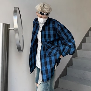 春秋款蓝色格子衬衫男女长袖韩版潮流复古休闲潮牌衬衣外套-S333图片