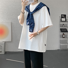 8XL-M潮情侣美式拼接打结格子假两件短袖宽松纯棉T恤男DX338，男装T恤，电商D206-1