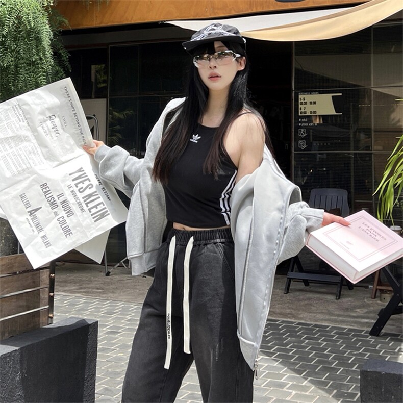 抖音得物高品质秋冬美式高街重磅结构辑明线纹理连帽卫衣外套W111,女装短外套,电商A486-1
