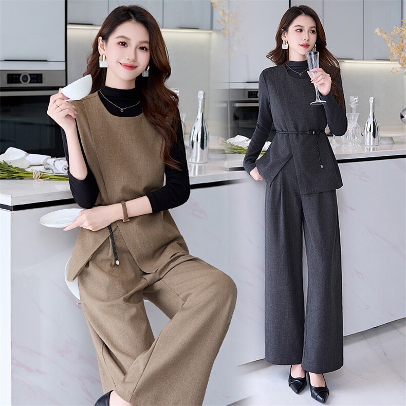 高级感小香风马甲套装女2024春秋通勤气质减龄垂感阔腿长裤三件套，女装套装/套裙，卡杰菲