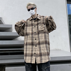 港风秋款男长袖衬衫格子条纹工装休闲外套CS4525P40，男装衬衫，星座1013-1