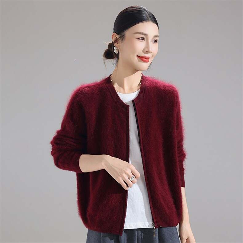 轻盈保暖拉绒100%纯羊毛开衫女2025秋冬拉链毛衣外套宽松针织衫，女装羊毛衫，暮绒羊羊绒