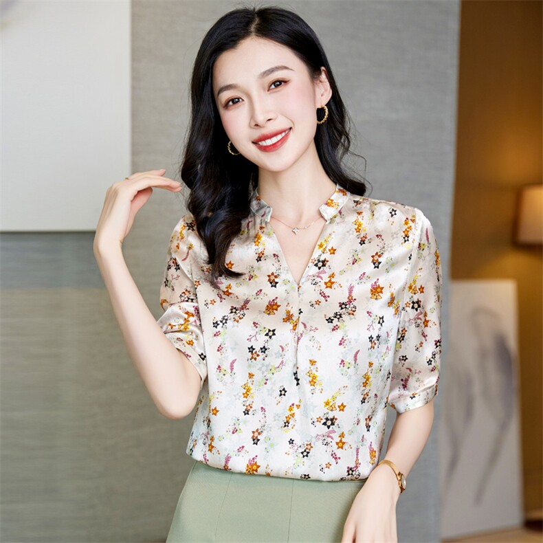 真丝衬衫女装短袖重磅桑蚕丝上衣衬衣大码V领t恤中老年妈妈装夏装图片