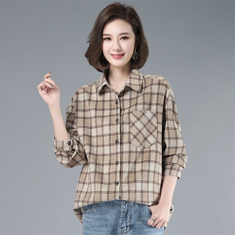 2021年春季POLO领格子衬衫女通勤韩版宽松磨毛衬衣外套,女装衬衫,伊满意