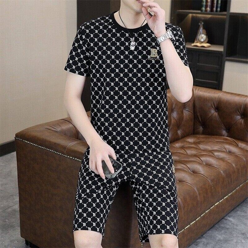 24338-P65夏季休闲T恤短裤男两件套欧货潮牌圆领短袖T恤套装,男装休闲套装,电商D310B-1