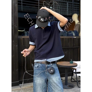藏青色假两件短袖男款夏季潮牌衬衫拼接t恤重磅美式学院风polo衫图片