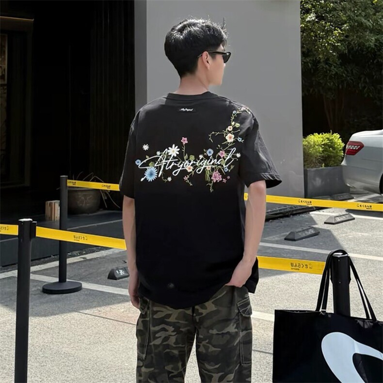 万针全刺绣工艺抖音得物高品质260克重磅纯棉双纱美式高街短袖T恤,男装T恤,电商A486