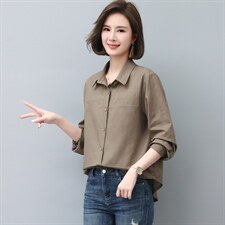 时尚休闲气质宽松棉麻衬衣女长袖百搭显瘦上衣新款韩版简约外套，女装衬衫，依恋蒂丝