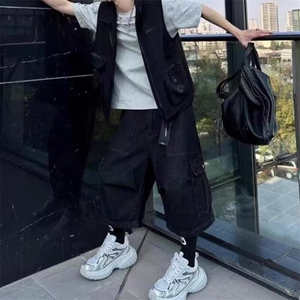 美式街头多口袋工装设计牛仔短裤男休闲cleanfit直筒阔腿七分中裤图片