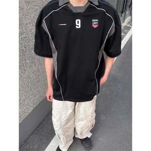 美式高街球衣运动翻领POLO衫男夏季宽松拼接撞色百搭短袖T恤上衣图片