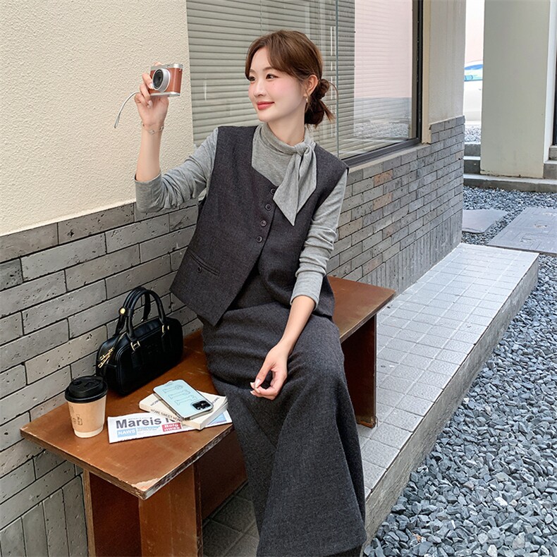 主推款！现货！蝴蝶结打底?马甲?半身裙三件套6873-P195-K298,女装套装/套裙,2D034
