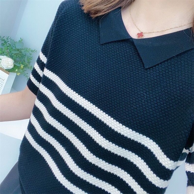 2025夏季棉线短袖t恤减龄条纹显瘦百搭休闲针织衫，女装针织衫/毛衣，斯美雅电商供货