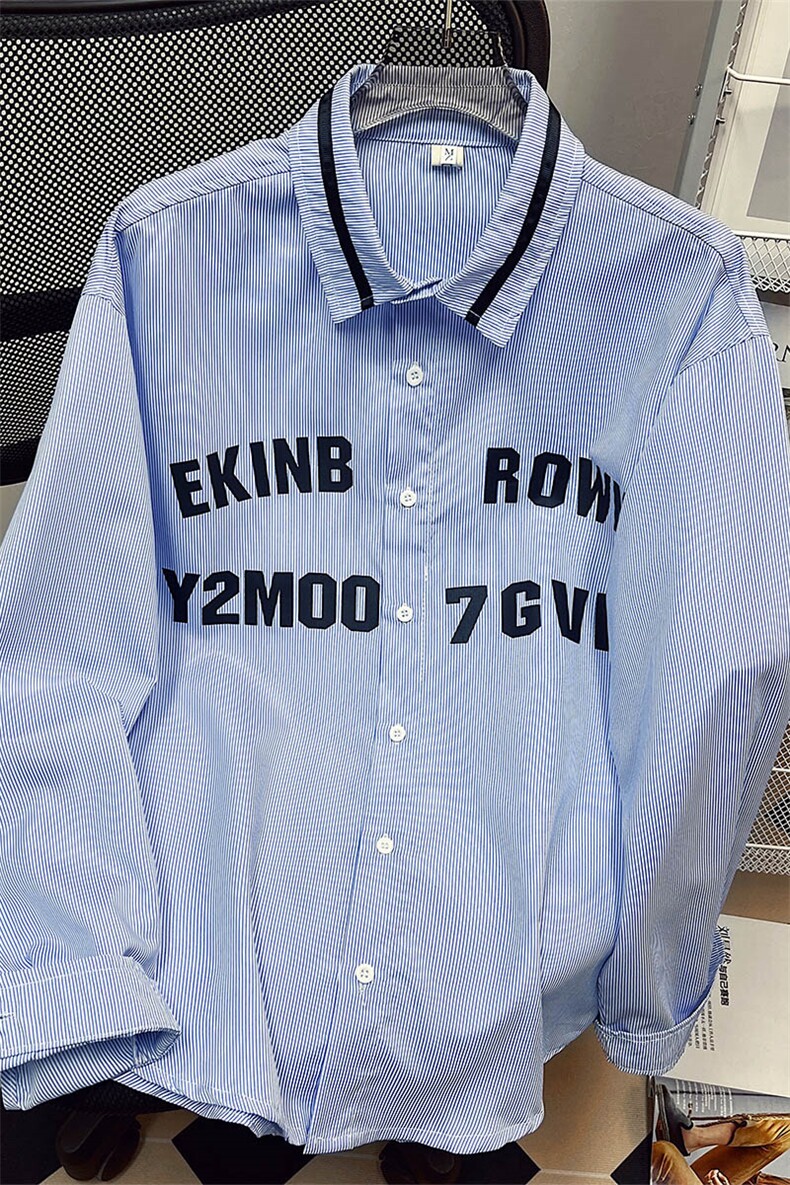 中性风条纹七分袖衬衫女日系大码M-5XL港风长袖衬衫男CCS8018P45,男装衬衫,星座227-7