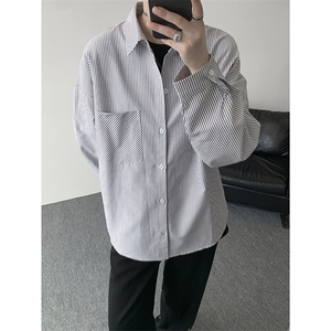 衬衫男春季新款港风宽松大码条纹长袖衬衣CS801-特P29,男装衬衫,星座214-3