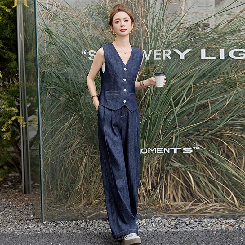欧货时尚牛仔套装女高级感2025春夏新款气质显瘦马甲阔腿长两件套,女装套装/套裙,衣之秀