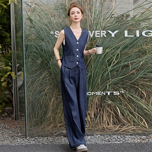 欧货时尚牛仔套装女高级感2025春夏新款气质显瘦马甲阔腿长两件套图片