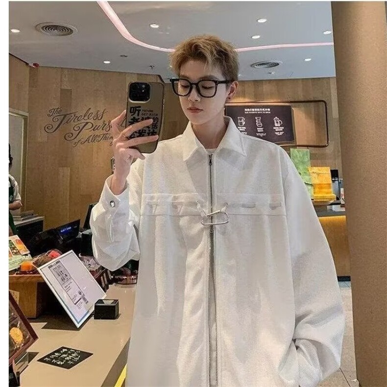 C246-P38小众高级设计感拉链衬衫男宽松韩版休闲百搭长袖衬衣,男装衬衫,电商B323A