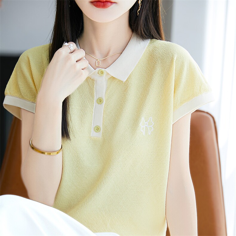 夏季新款POLO领短袖女宽松半袖背心拼色T恤上衣休闲外搭简约显瘦,女装T恤,皓宇羊绒