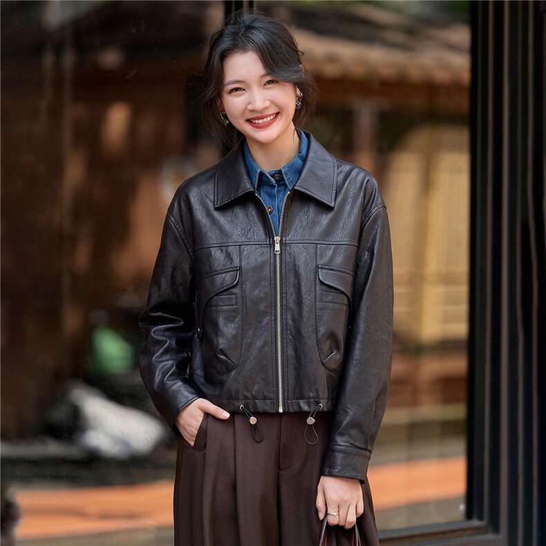 【大量现货】2026秋季女装新款时尚休闲方领高级感短款皮衣外套,女装皮衣,魅衣本色