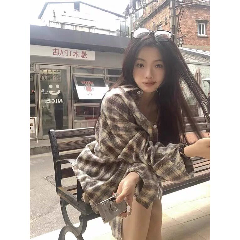 复古chic卡其色格子衬衫外套女春秋2025新款宽松长袖衬衣外穿上衣,男装衬衫,星座1210-1