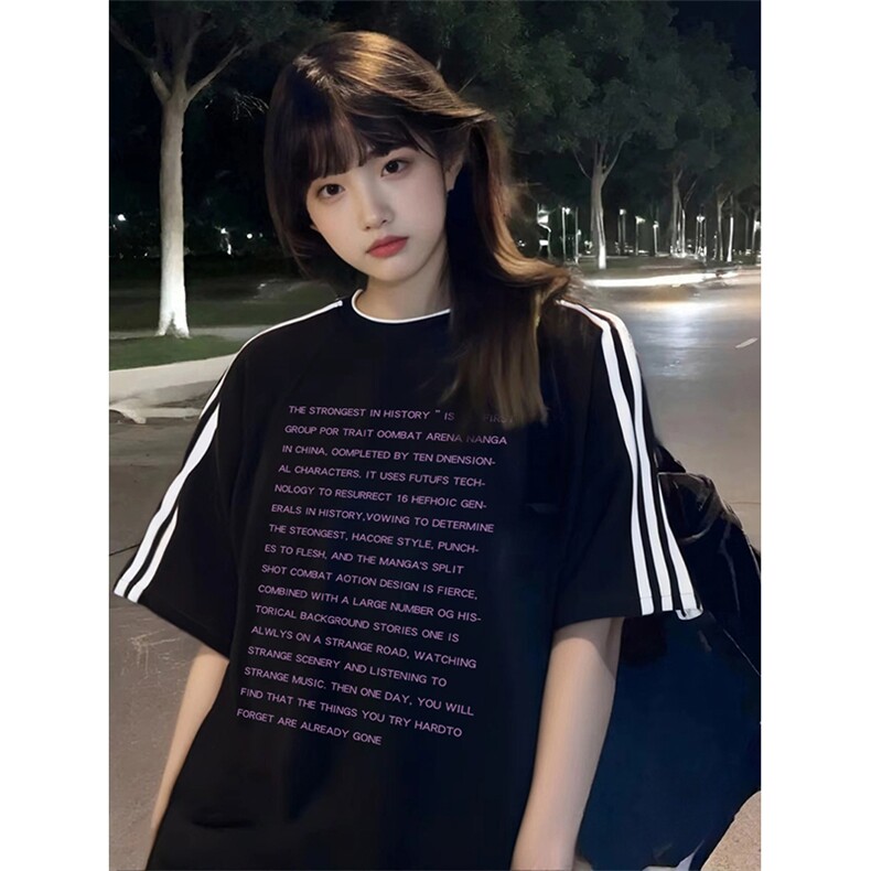 抖音得物高品质二开240克宽松纯棉美式潮牌三条杠织带短袖T恤,男装T恤,电商A486
