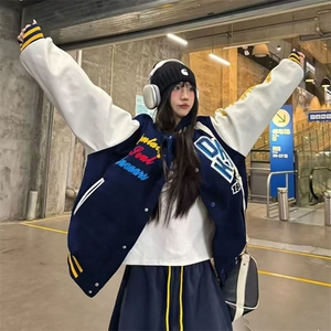 美式复古拼色字母刺绣棒球服情侣夹克春秋宽松百搭设计感外套上衣图片