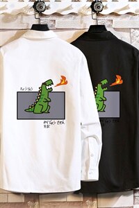 2021秋季日系卡通恐龙印花砖墙大码男宽松长袖休闲衬衫C3202-P35图片