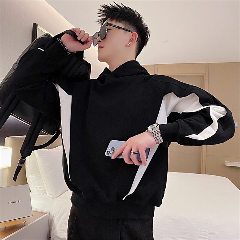 AW96/P78控108秋季社会小伙连帽拼接撞色结构长袖卫衣男黑首,男装卫衣,星座305B-1