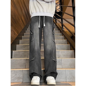 特批P40无差价秋季褶皱水洗工装牛仔裤男复古潮直筒拖地长裤N9053图片
