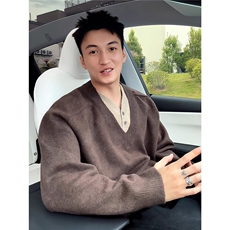 咖色v领假两件毛衣男秋冬慵懒风内搭打底针织衫老钱风LMY700-p55，男装T恤，星座1008